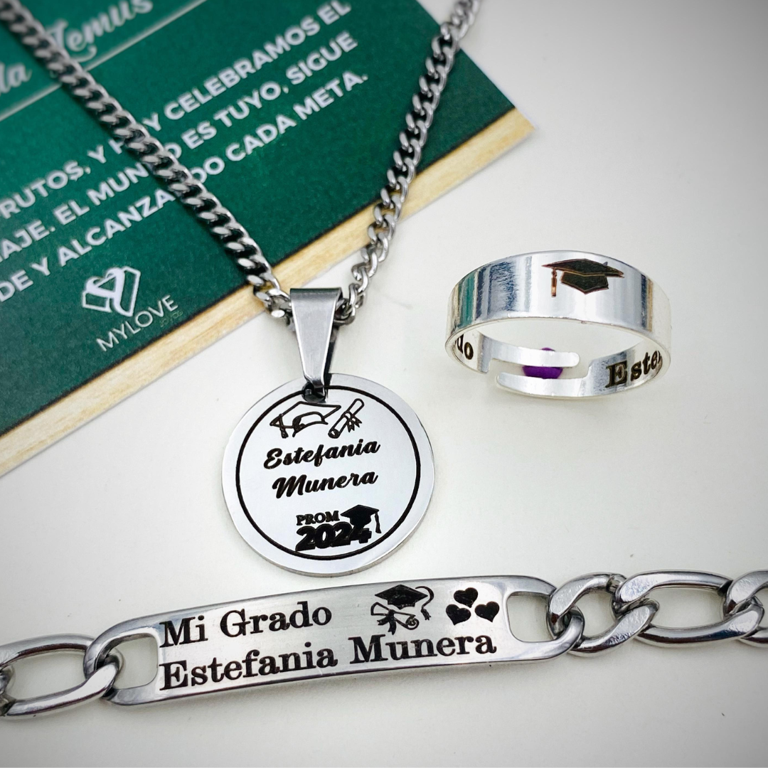 Anillo + Collar + Pulsera🎓 de Grado Personalizados... 👉💖GRATIS💖 Certificado de Reconcomiento