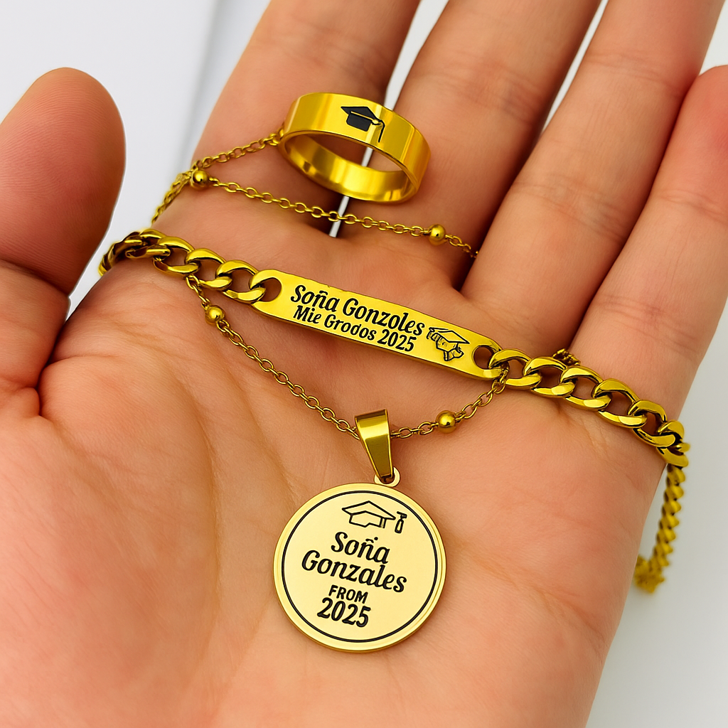 Anillo + Collar + Pulsera🎓 de Grado Personalizados... 👉💖GRATIS💖 Certificado de Reconcomiento