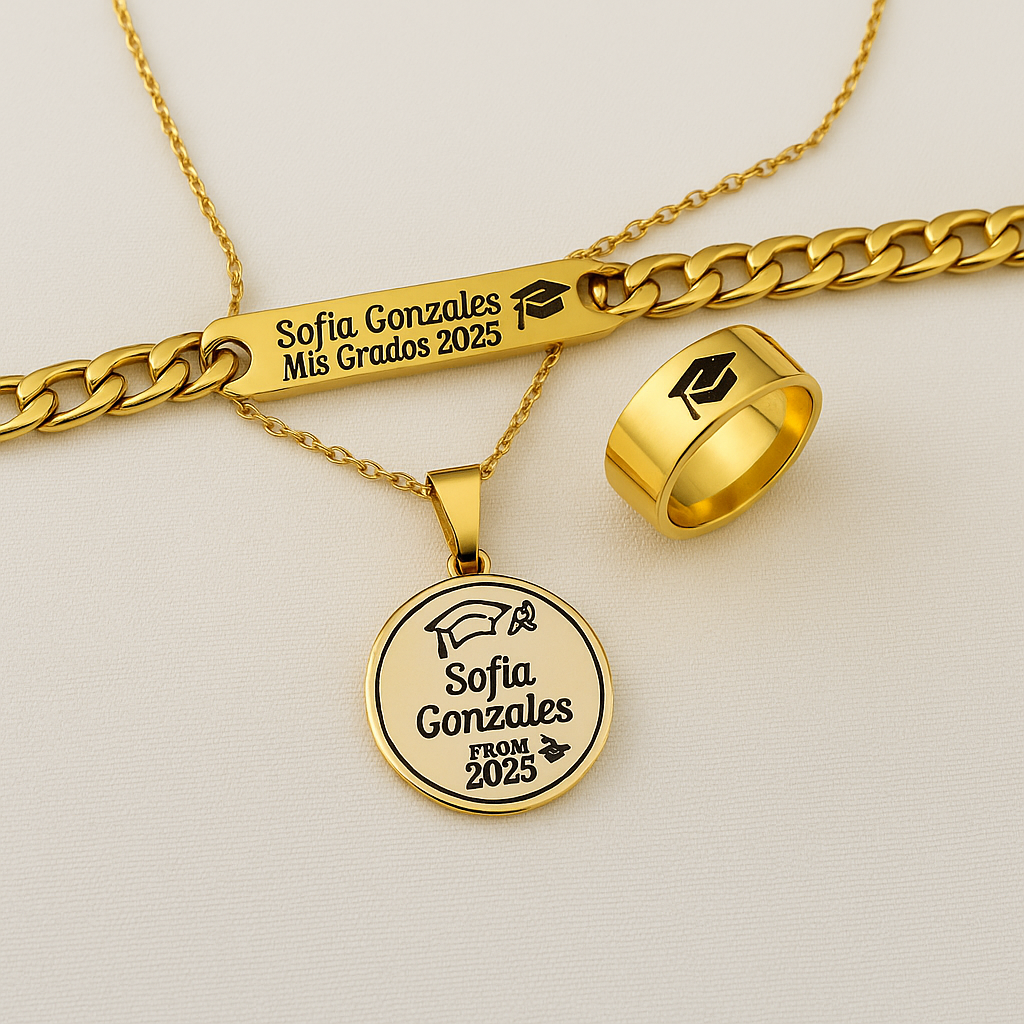 Anillo + Collar + Pulsera🎓 de Grado Personalizados... 👉💖GRATIS💖 Certificado de Reconcomiento