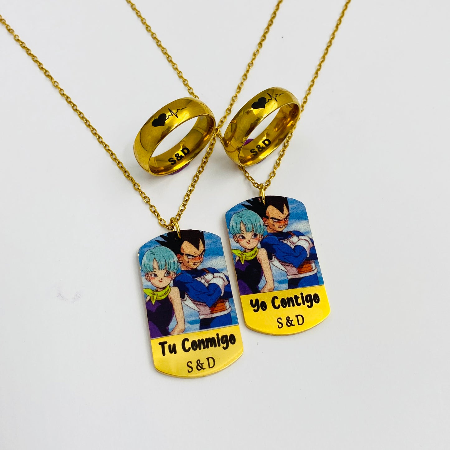 2 ANILLOS BAÑO DE ORO + 2 COLLARES CON FOTO A COLOR