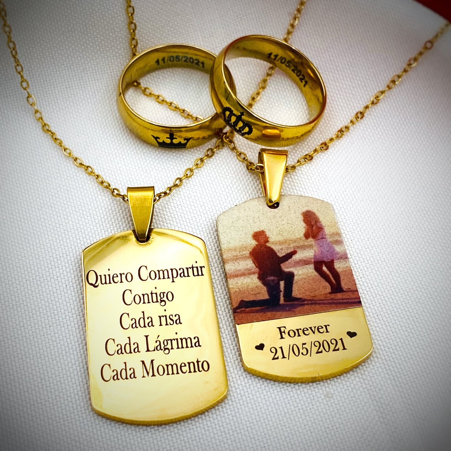 2 Collares con foto a color + 2 Anillos personalizados