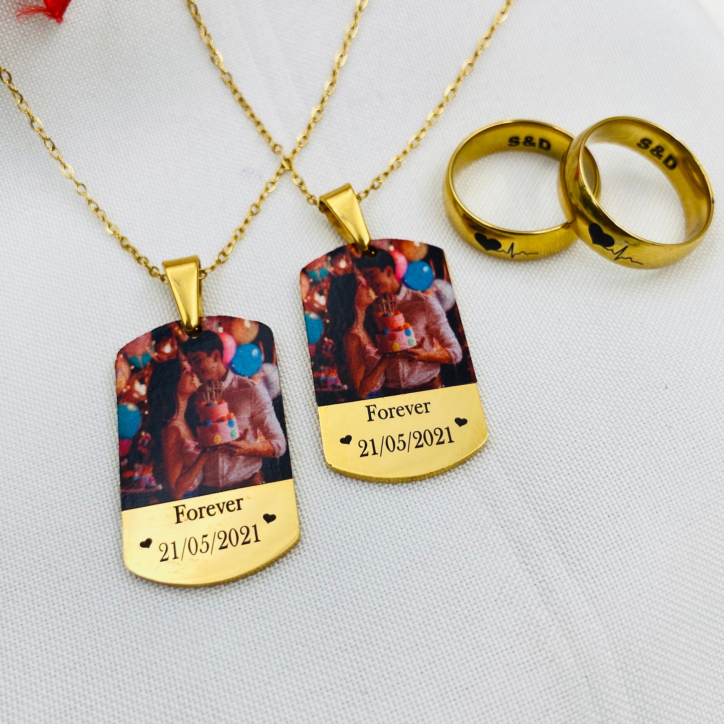 2 Collares con foto a color + 2 Anillos personalizados