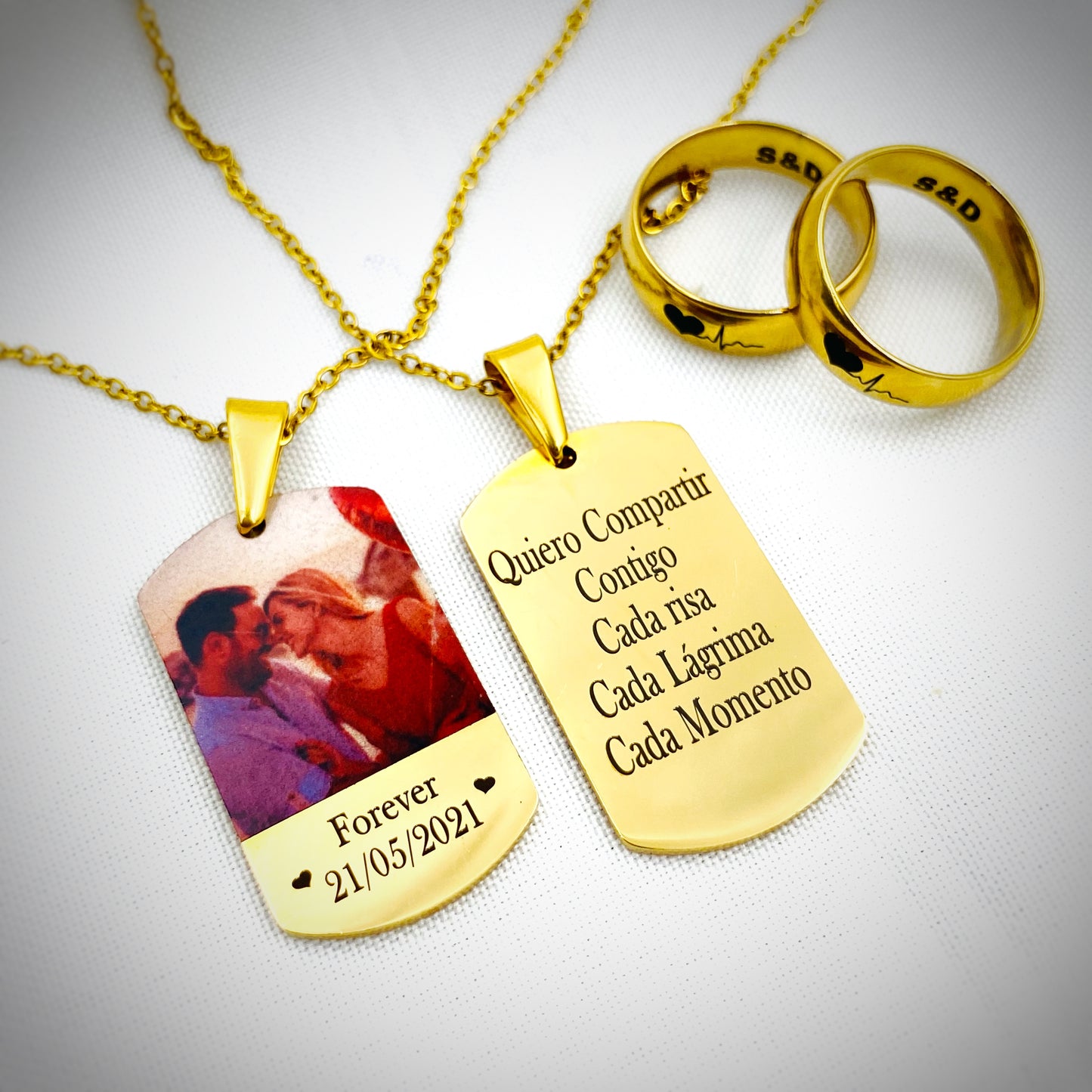 2 Collares con foto a color + 2 Anillos personalizados