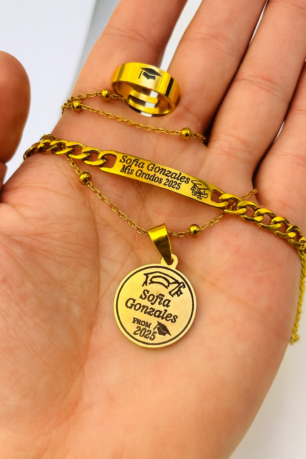Anillo + Collar + Pulsera🎓 de Grado Personalizados... 👉💖GRATIS💖 Certificado de Reconcomiento