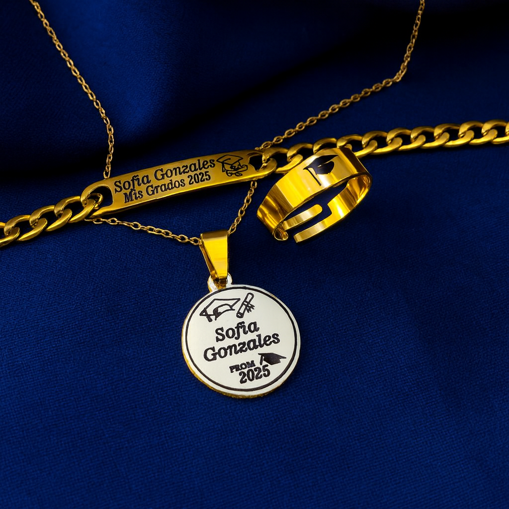 Anillo + Collar + Pulsera🎓 de Grado Personalizados... 👉💖GRATIS💖 Certificado de Reconcomiento